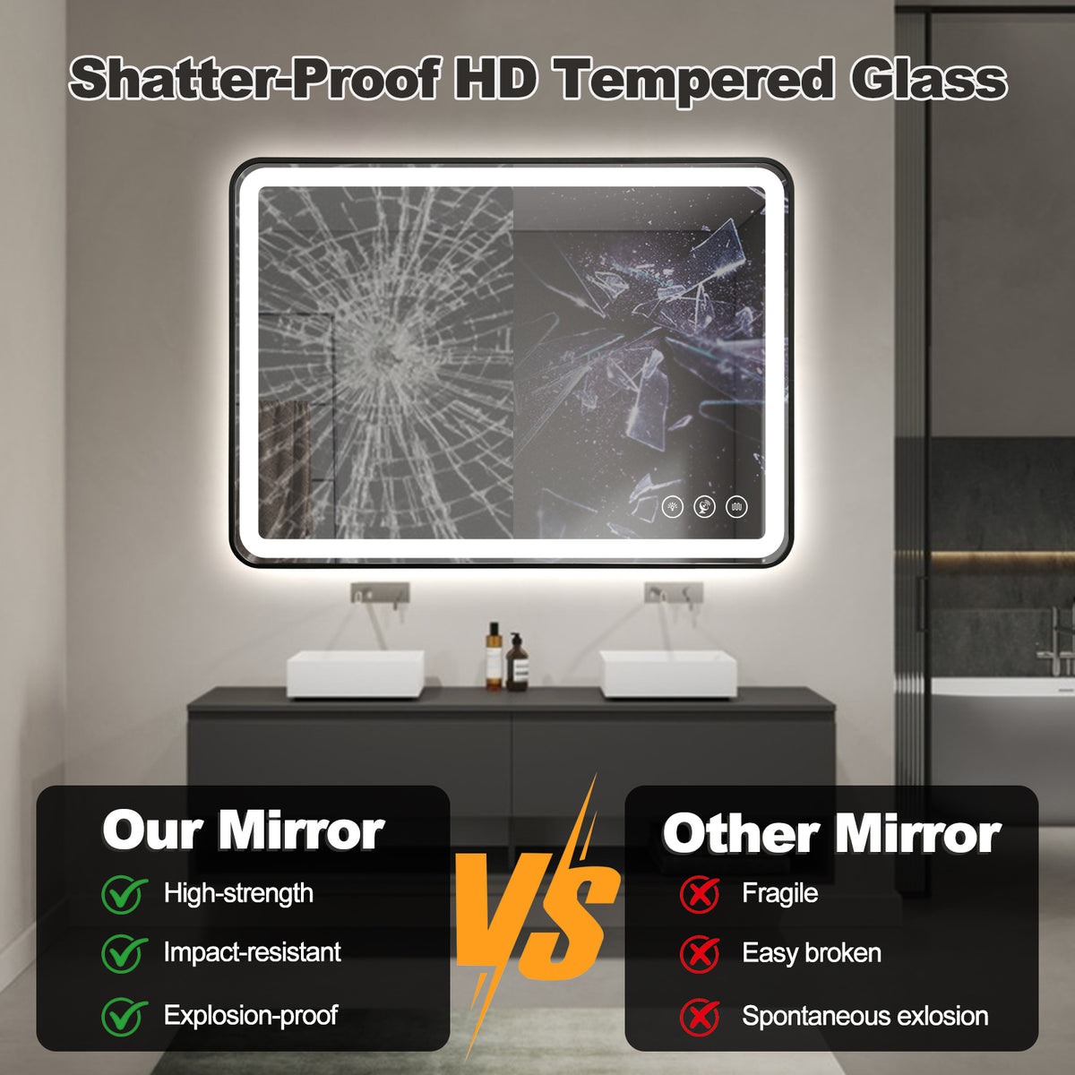 Gloviea Brushed Black Framed Rectangular LED Bathroom Mirror | Front & Backlit, Anti-Fog, Motion Sensor