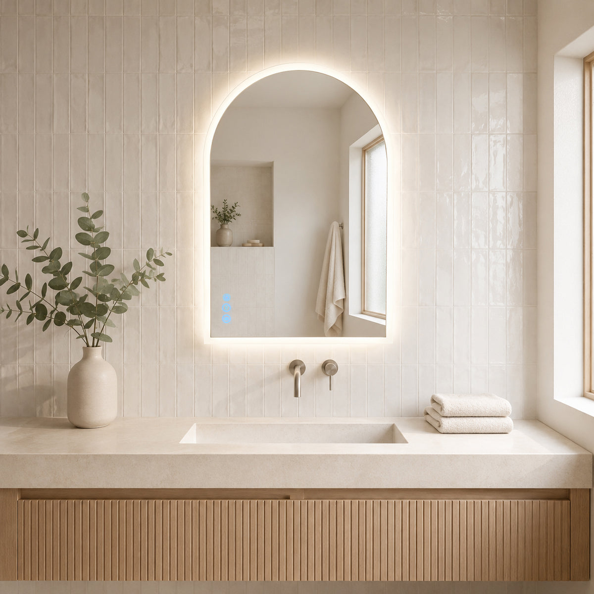 Gloviea Arched LED Bathroom Mirror – Full Frosted Edge | Front Glow + Backlit, Anti-Fog & Motion Sensor