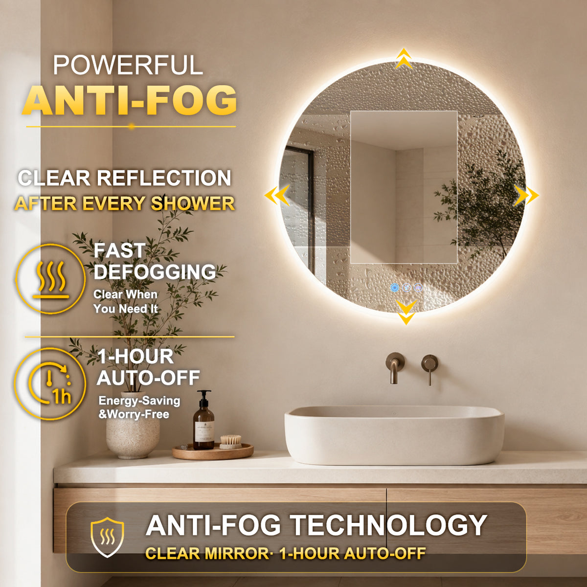 Gloviea Round LED Bathroom Mirror | Front & Backlit | Full Frosted Edge, Anti-Fog, Motion Sensor