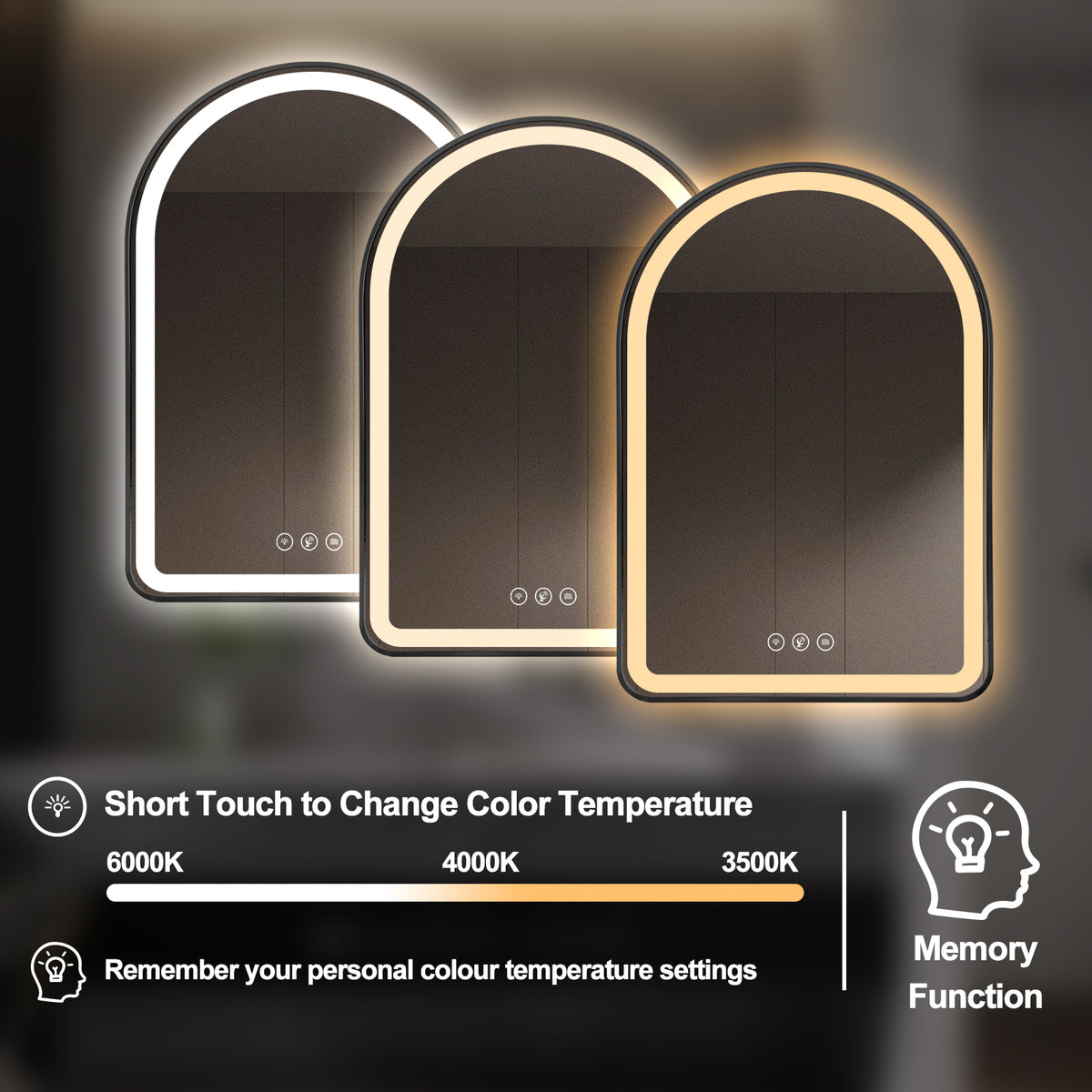 Gloviea Brushed Black Framed Arched LED Bathroom Mirror | Front & Backlit, Anti-Fog, Motion Sensor