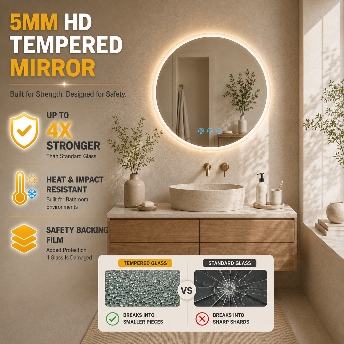 Gloviea Round LED Bathroom Mirror | Front & Backlit | Full Frosted Edge, Anti-Fog, Motion Sensor