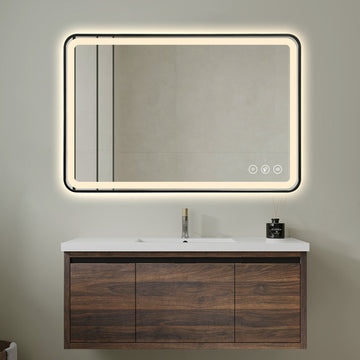 Gloviea Miroir LED intelligent rectangulaire à cadre noir brossé avec lumières, intensité et luminosité réglables, capteur de mouvement, anti-buée, fonction mémoire, design rétroéclairé
