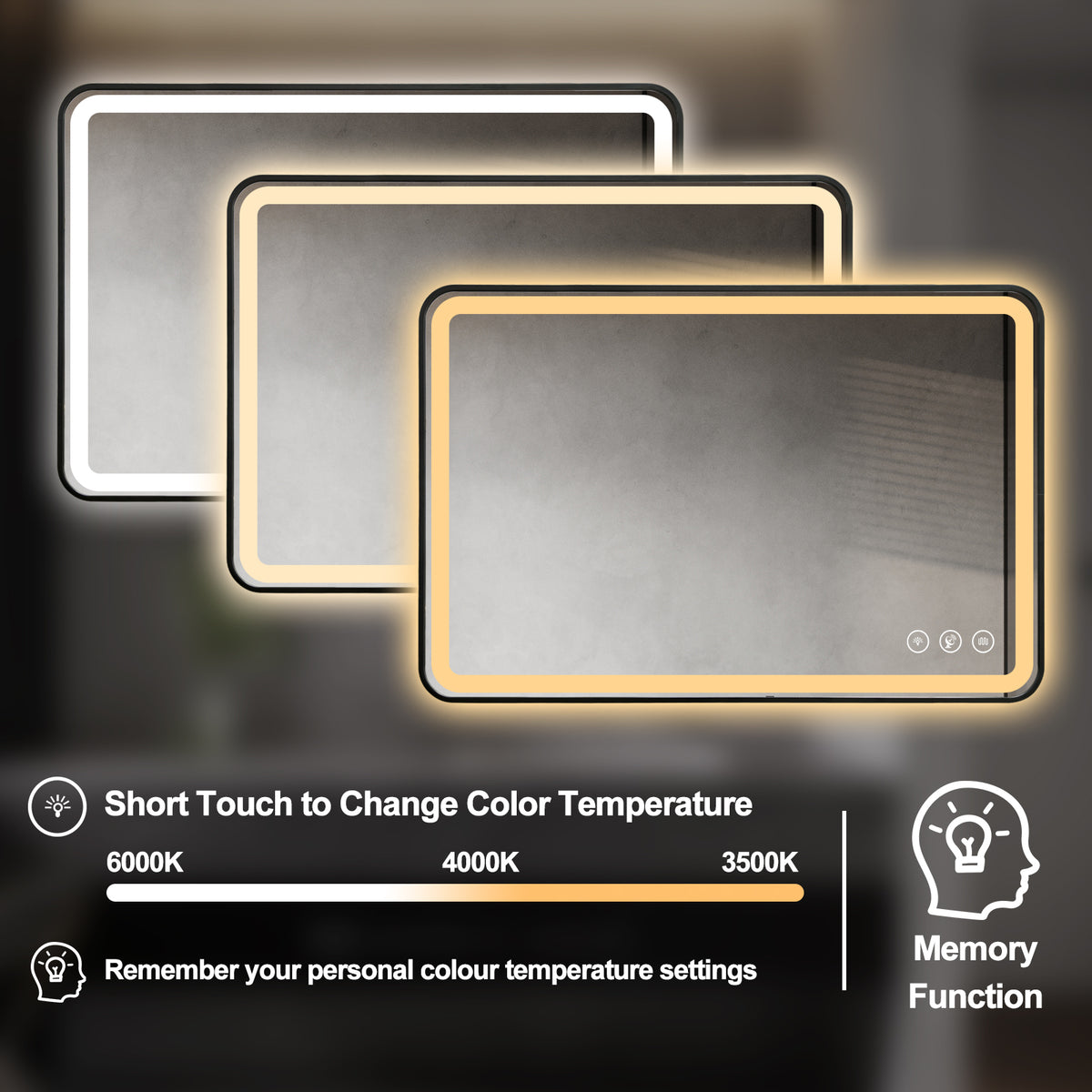 Gloviea Brushed Black Framed Rectangular LED Bathroom Mirror | Front &amp; Backlit, Anti-Fog, Motion Sensor