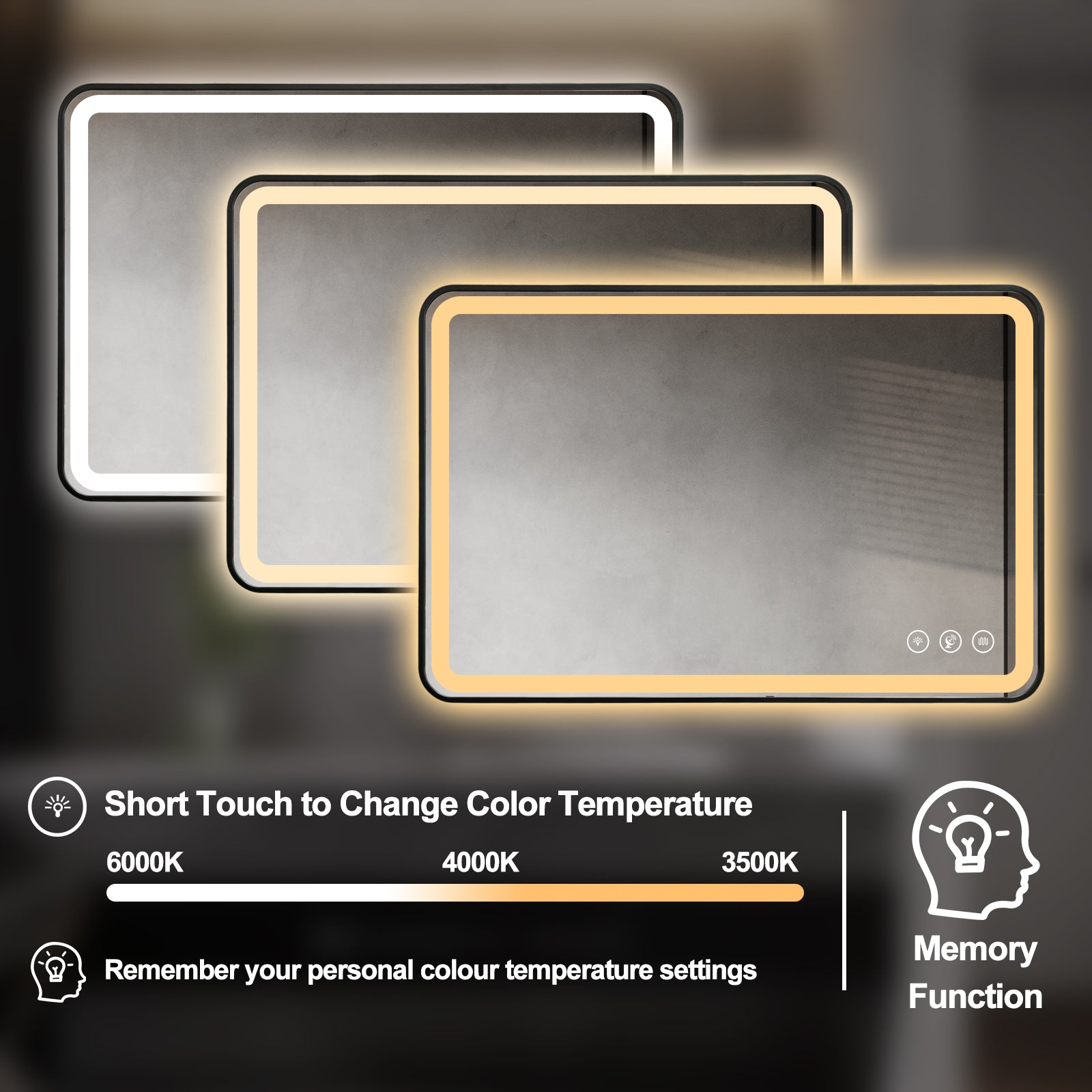 Gloviea Miroir LED intelligent rectangulaire à cadre noir brossé avec lumières, intensité et luminosité réglables, capteur de mouvement, anti-buée, fonction mémoire, design rétroéclairé