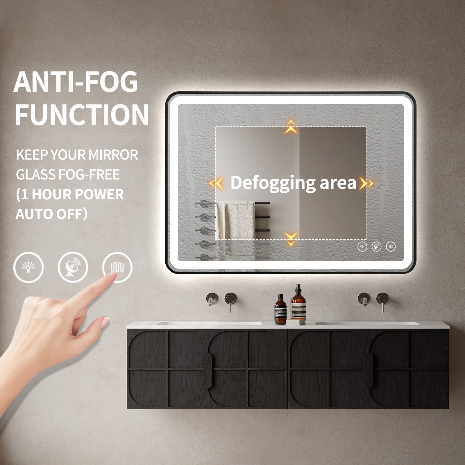 Gloviea Miroir LED intelligent rectangulaire à cadre noir brossé avec lumières, intensité et luminosité réglables, capteur de mouvement, anti-buée, fonction mémoire, design rétroéclairé