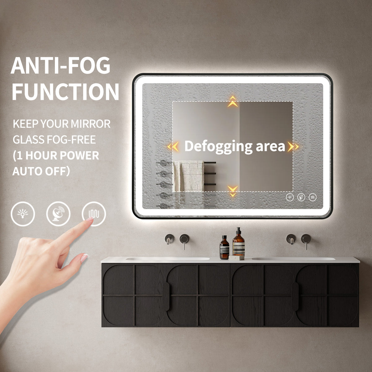 Gloviea Brushed Black Framed Rectangular LED Bathroom Mirror | Front &amp; Backlit, Anti-Fog, Motion Sensor