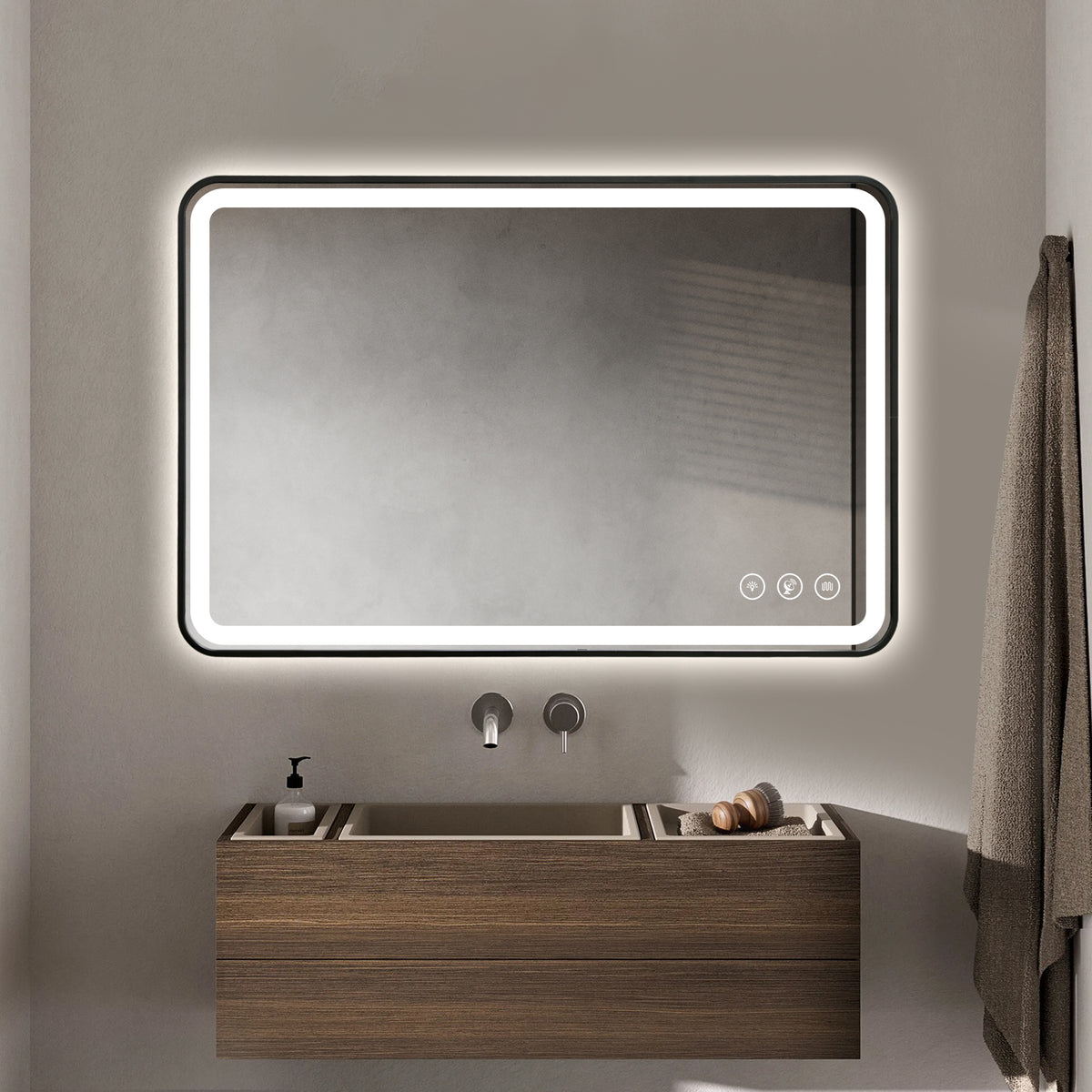 Gloviea Brushed Black Framed Rectangular LED Bathroom Mirror | Front &amp; Backlit, Anti-Fog, Motion Sensor