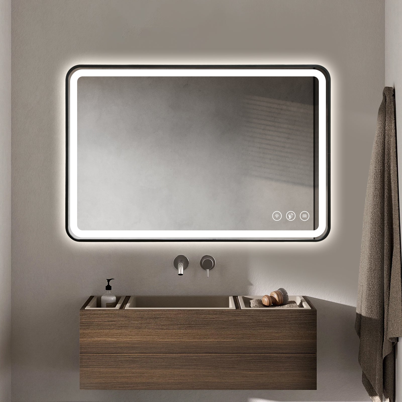 Gloviea Miroir LED intelligent rectangulaire à cadre noir brossé avec lumières, intensité et luminosité réglables, capteur de mouvement, anti-buée, fonction mémoire, design rétroéclairé