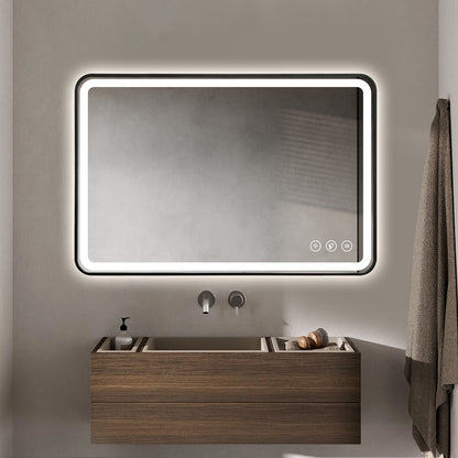 Gloviea Brushed Black Framed Rectangular LED Bathroom Mirror | Front &amp; Backlit, Anti-Fog, Motion Sensor