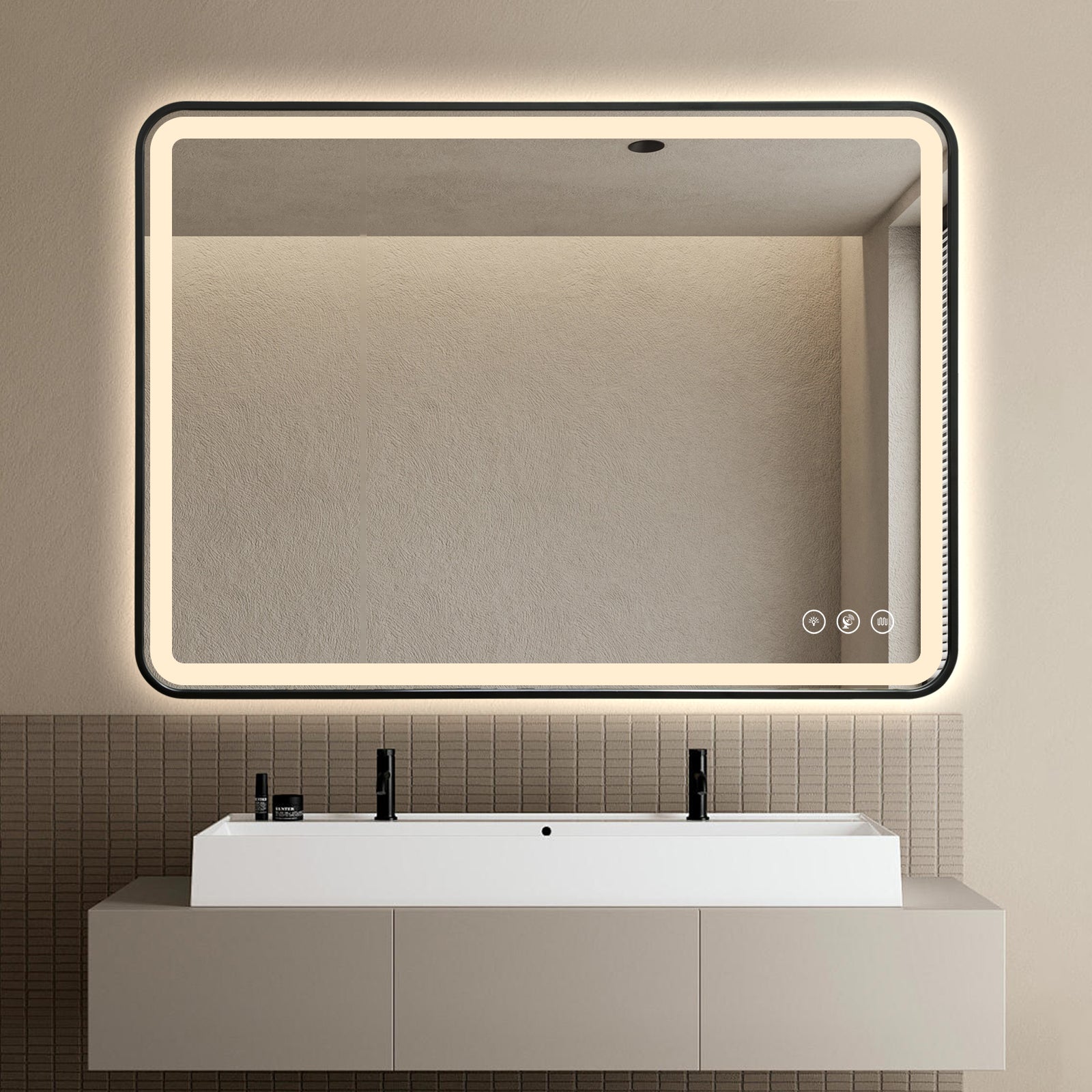 Gloviea Miroir LED intelligent rectangulaire à cadre noir brossé avec lumières, intensité et luminosité réglables, capteur de mouvement, anti-buée, fonction mémoire, design rétroéclairé