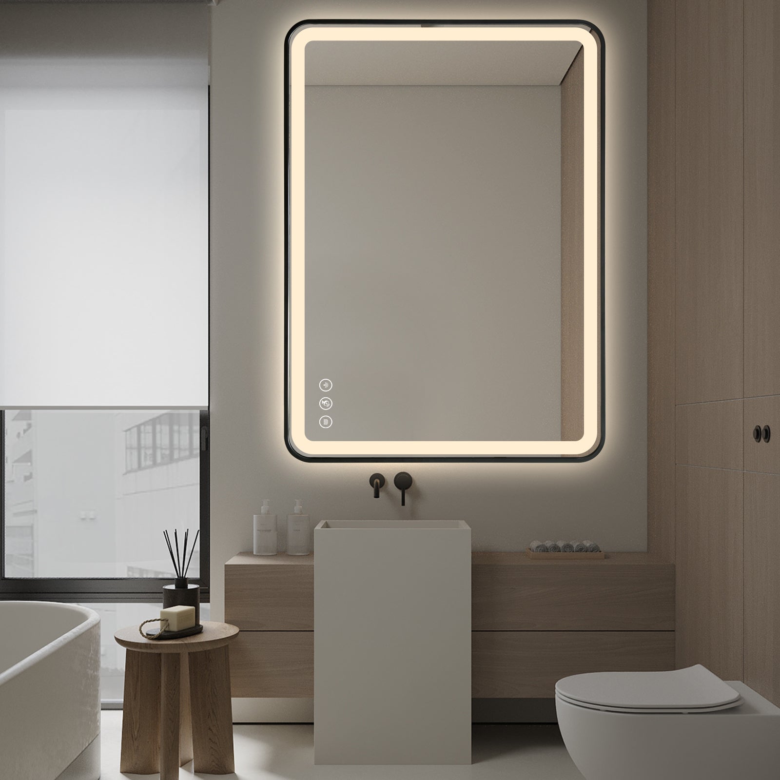 Gloviea Miroir LED intelligent rectangulaire à cadre noir brossé avec lumières, intensité et luminosité réglables, capteur de mouvement, anti-buée, fonction mémoire, design rétroéclairé
