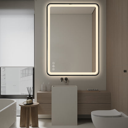 Gloviea Brushed Black Framed Rectangular LED Bathroom Mirror | Front &amp; Backlit, Anti-Fog, Motion Sensor