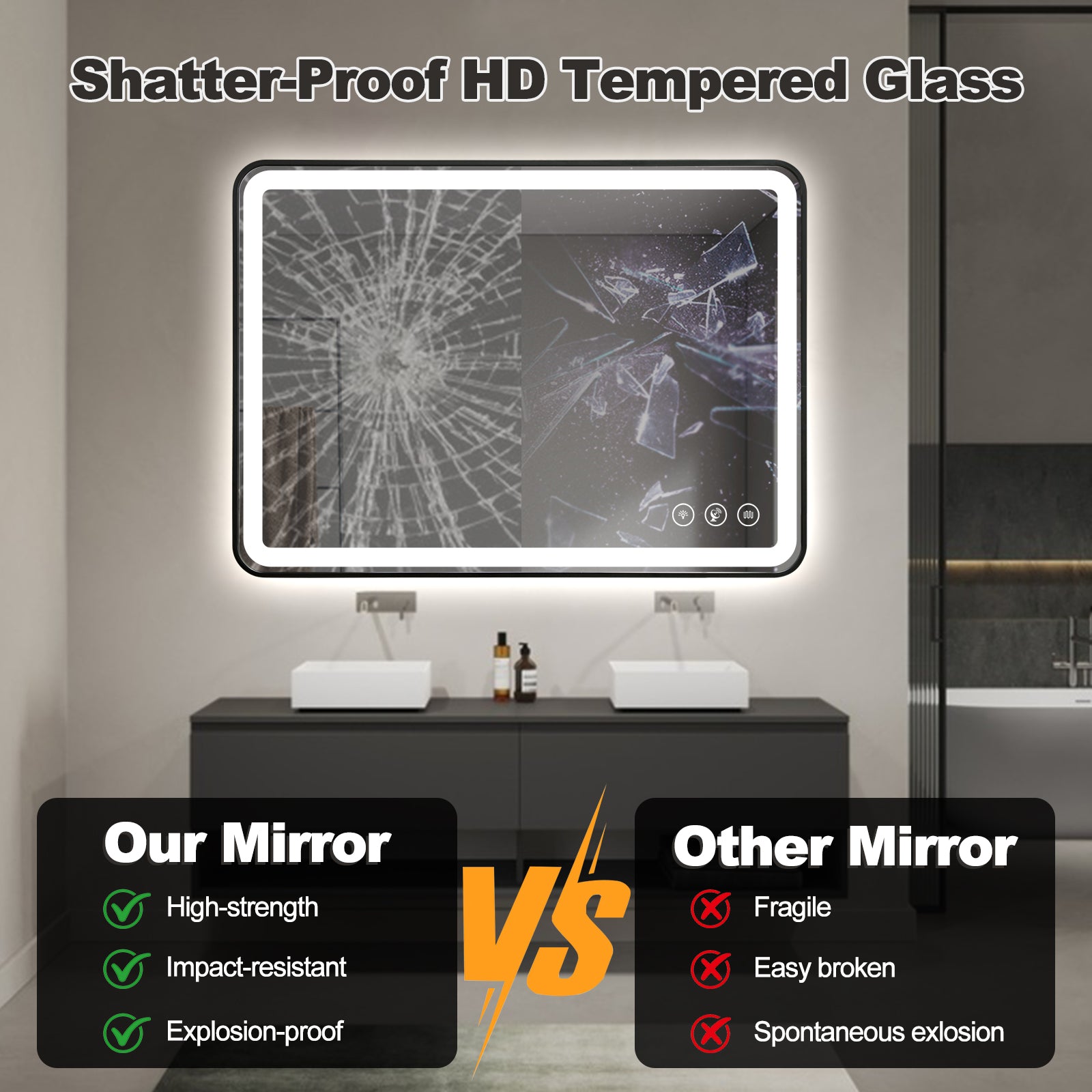Gloviea Miroir LED intelligent rectangulaire à cadre noir brossé avec lumières, intensité et luminosité réglables, capteur de mouvement, anti-buée, fonction mémoire, design rétroéclairé