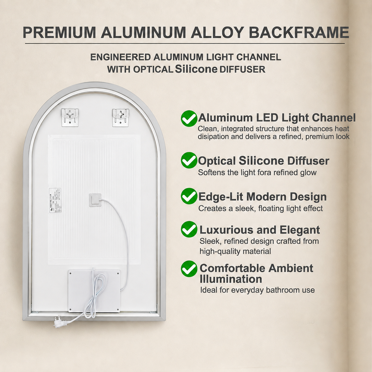 Gloviea Arched LED Bathroom Mirror – Full Frosted Edge | Front Glow + Backlit, Anti-Fog & Motion Sensor