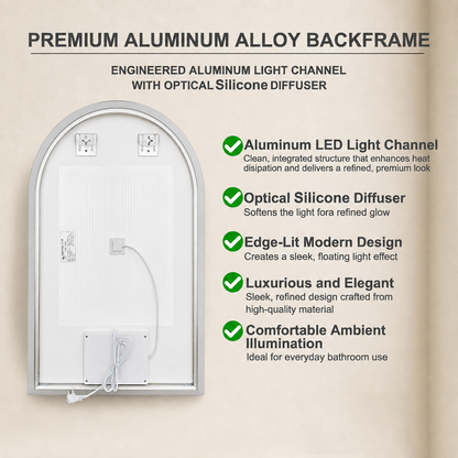 Gloviea Arched LED Bathroom Mirror – Full Frosted Edge | Front Glow + Backlit, Anti-Fog &amp; Motion Sensor