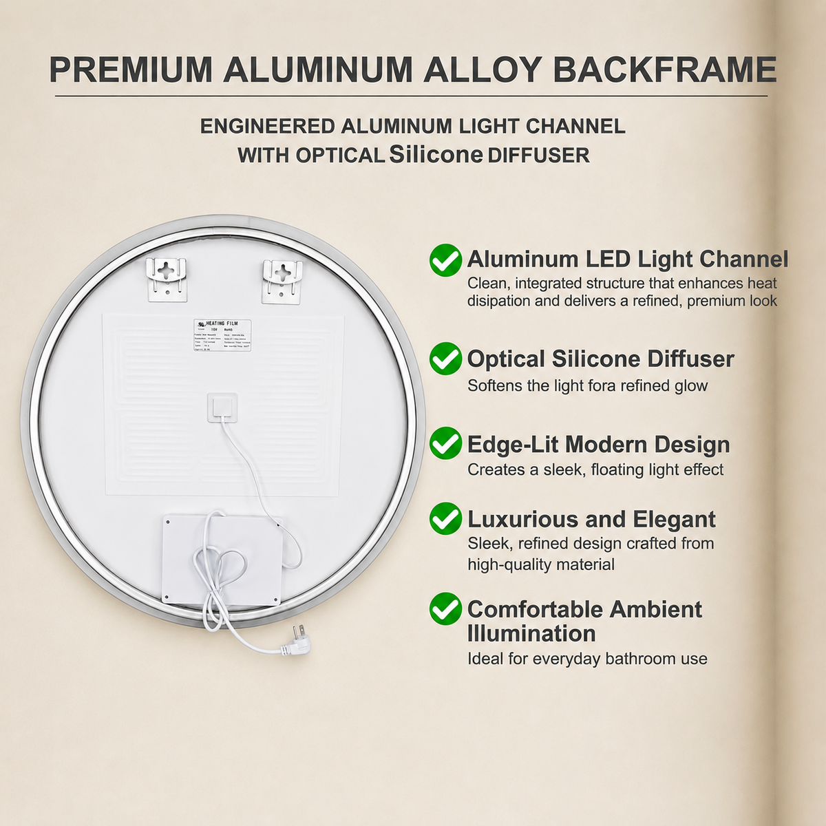 Gloviea Round LED Bathroom Mirror | Front &amp; Backlit | Full Frosted Edge, Anti-Fog, Motion Sensor