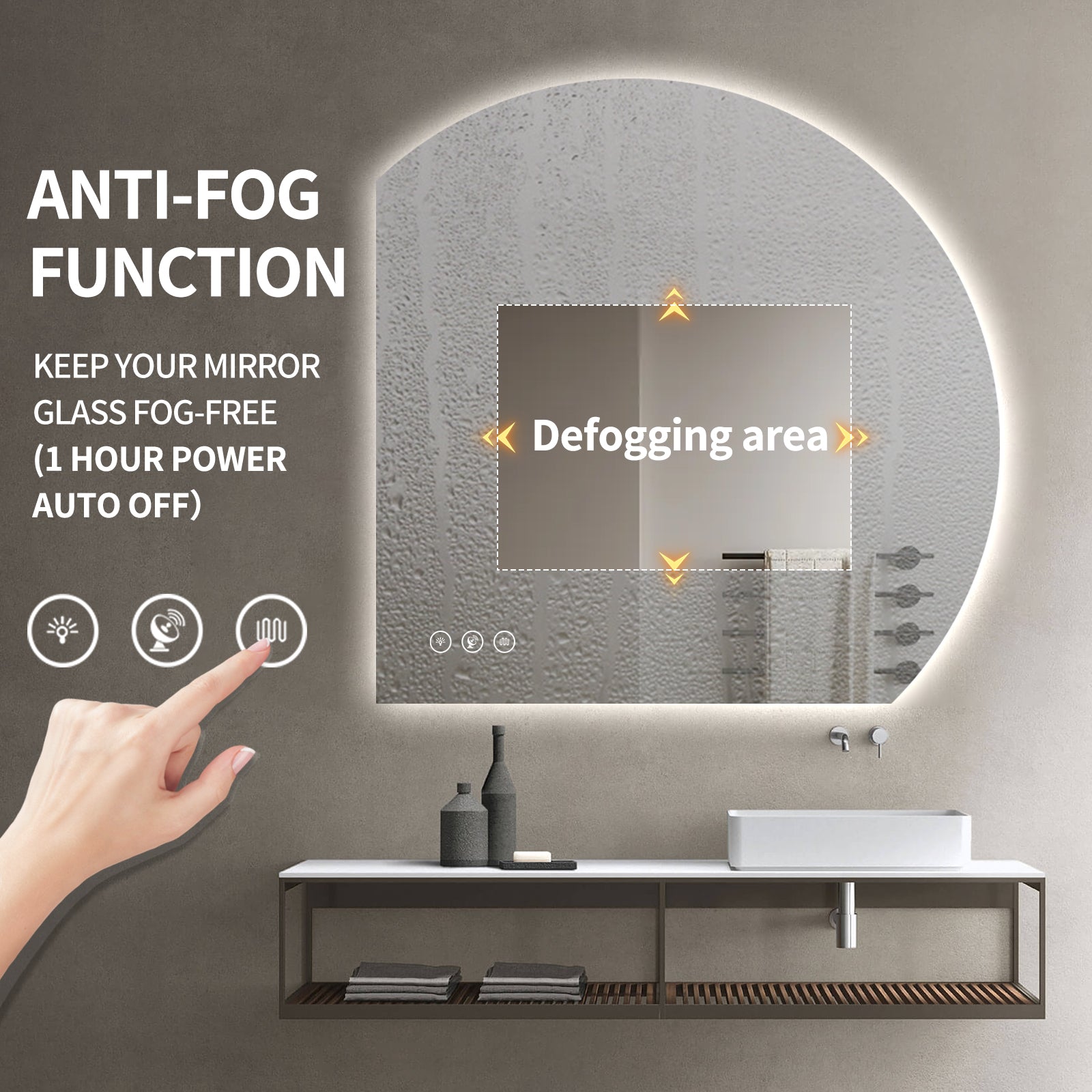 Miroir intelligent LED demi-cercle Gloviea avec lumières, intensité variable et luminosité réglable, capteur de mouvement, anti-buée, fonction mémoire, design rétroéclairé (coupe inférieure droite/gauche)