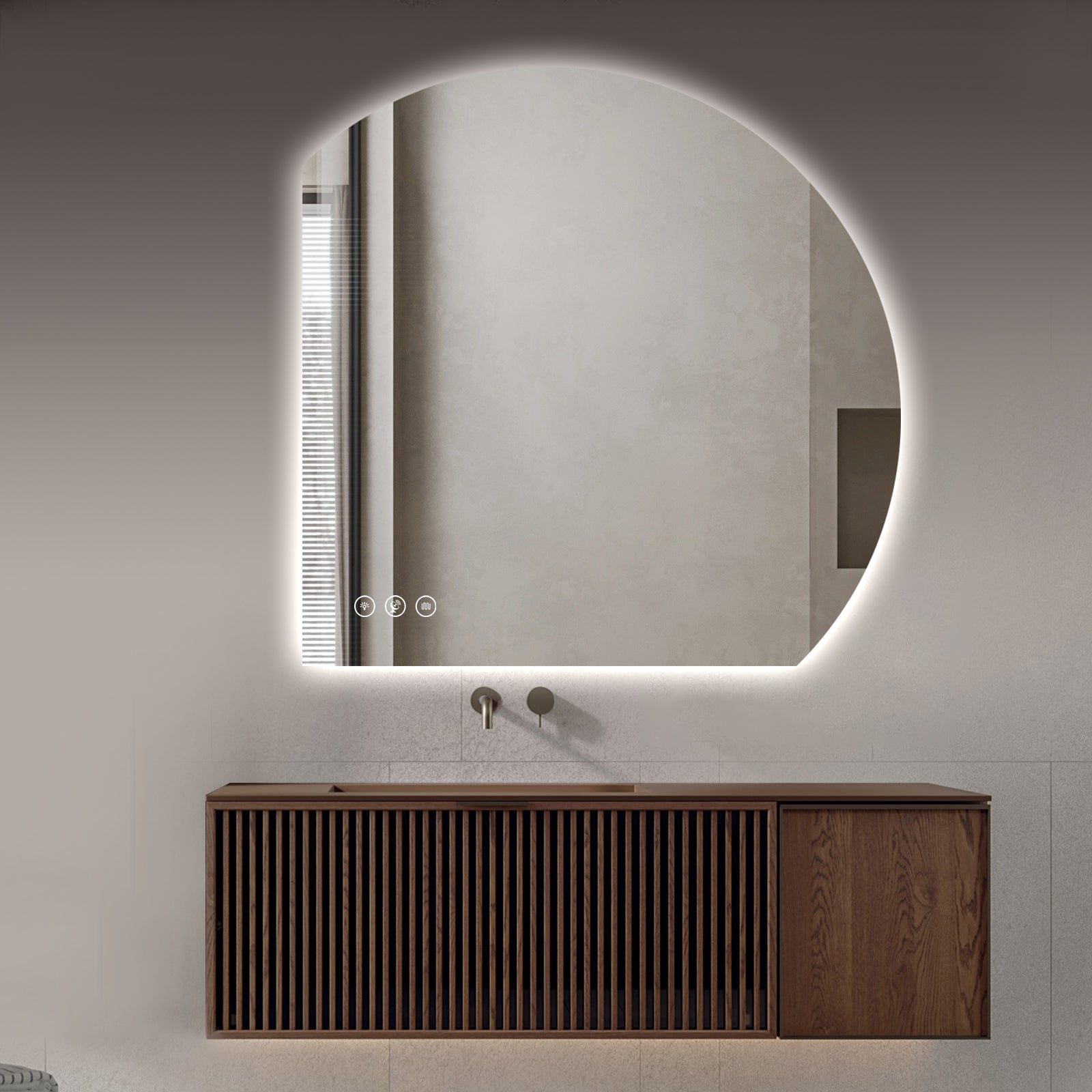 Miroir intelligent LED demi-cercle Gloviea avec lumières, intensité variable et luminosité réglable, capteur de mouvement, anti-buée, fonction mémoire, design rétroéclairé (coupe inférieure droite/gauche)