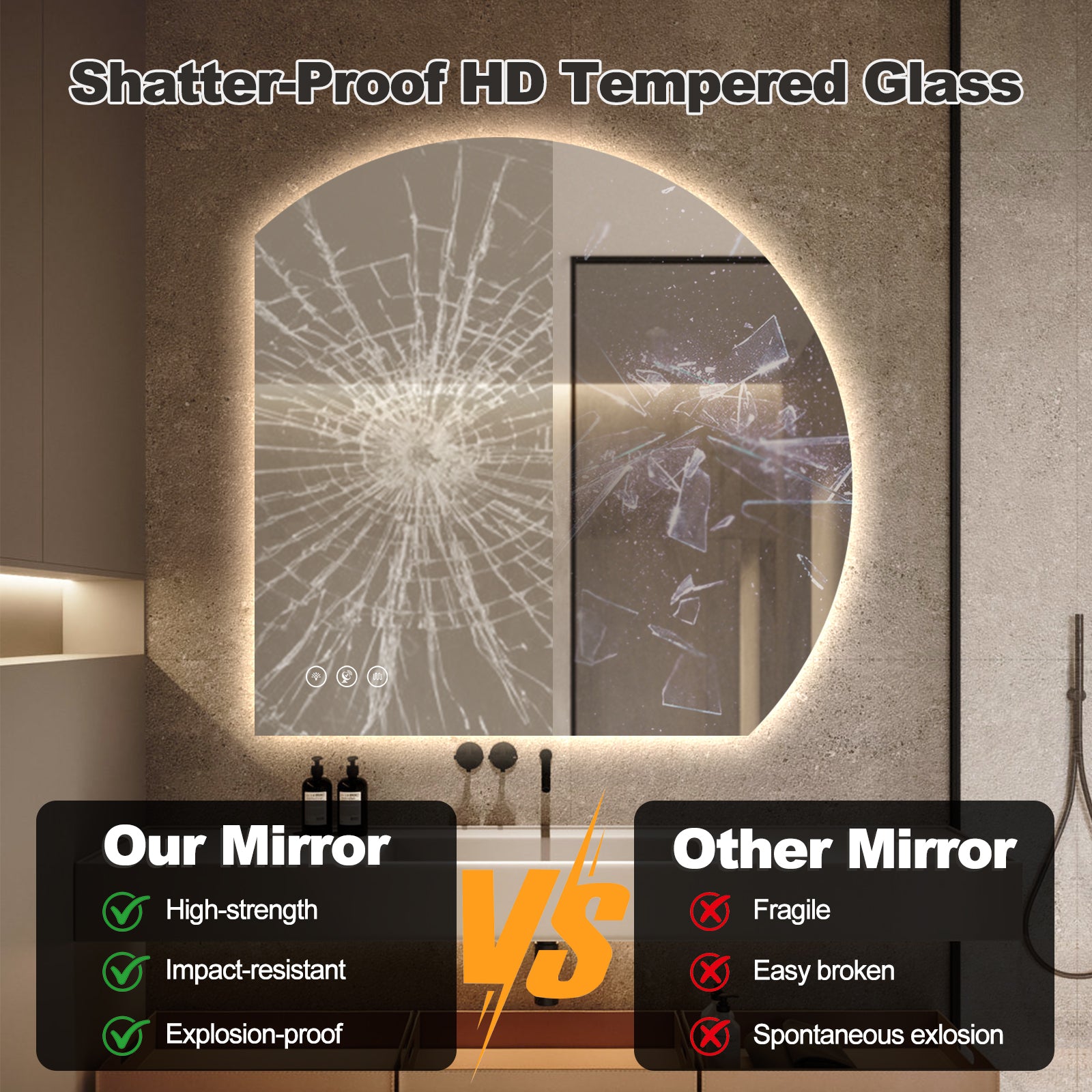 Miroir intelligent LED demi-cercle Gloviea avec lumières, intensité variable et luminosité réglable, capteur de mouvement, anti-buée, fonction mémoire, design rétroéclairé (coupe inférieure droite/gauche)