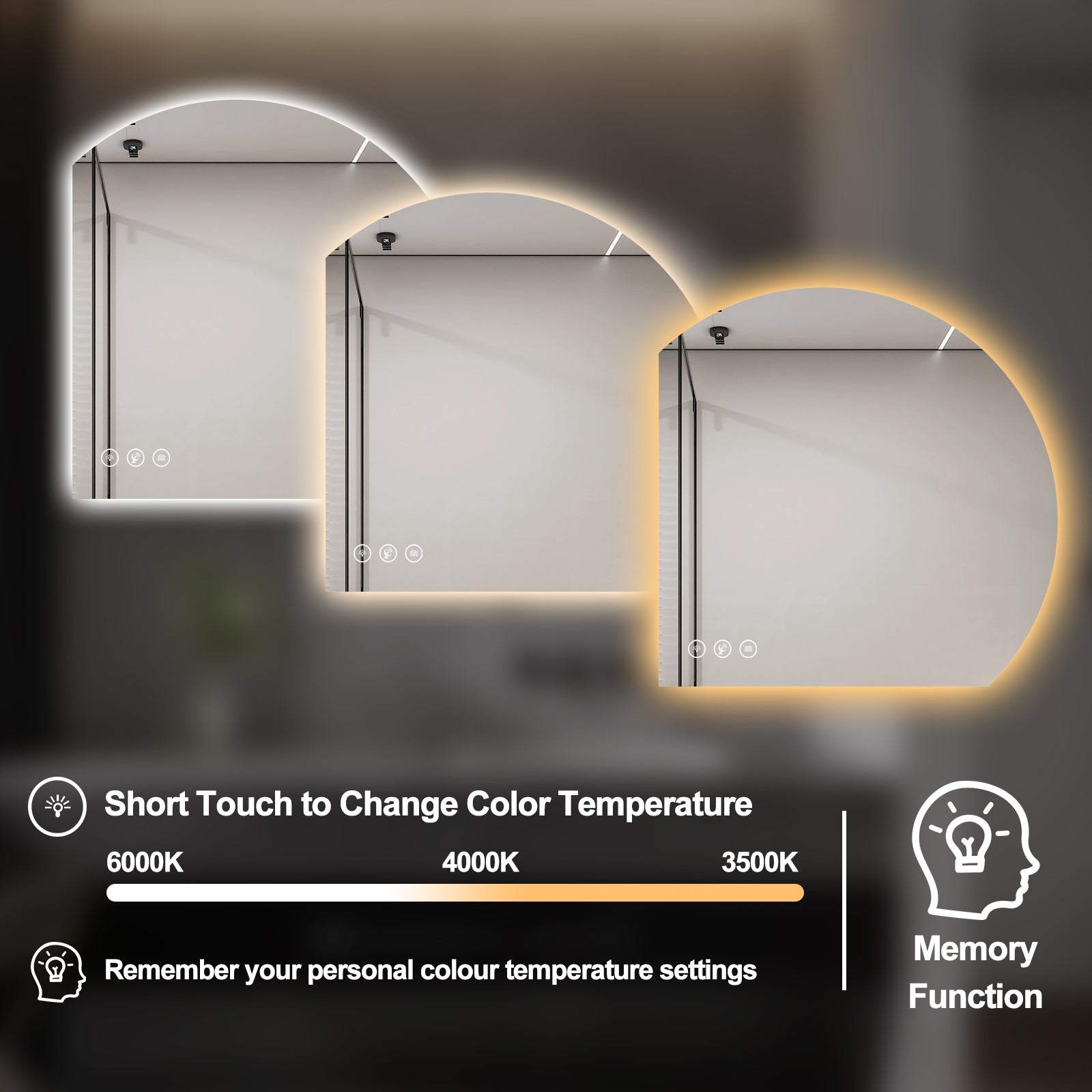 Miroir intelligent LED demi-cercle Gloviea avec lumières, intensité variable et luminosité réglable, capteur de mouvement, anti-buée, fonction mémoire, design rétroéclairé (coupe inférieure droite/gauche)