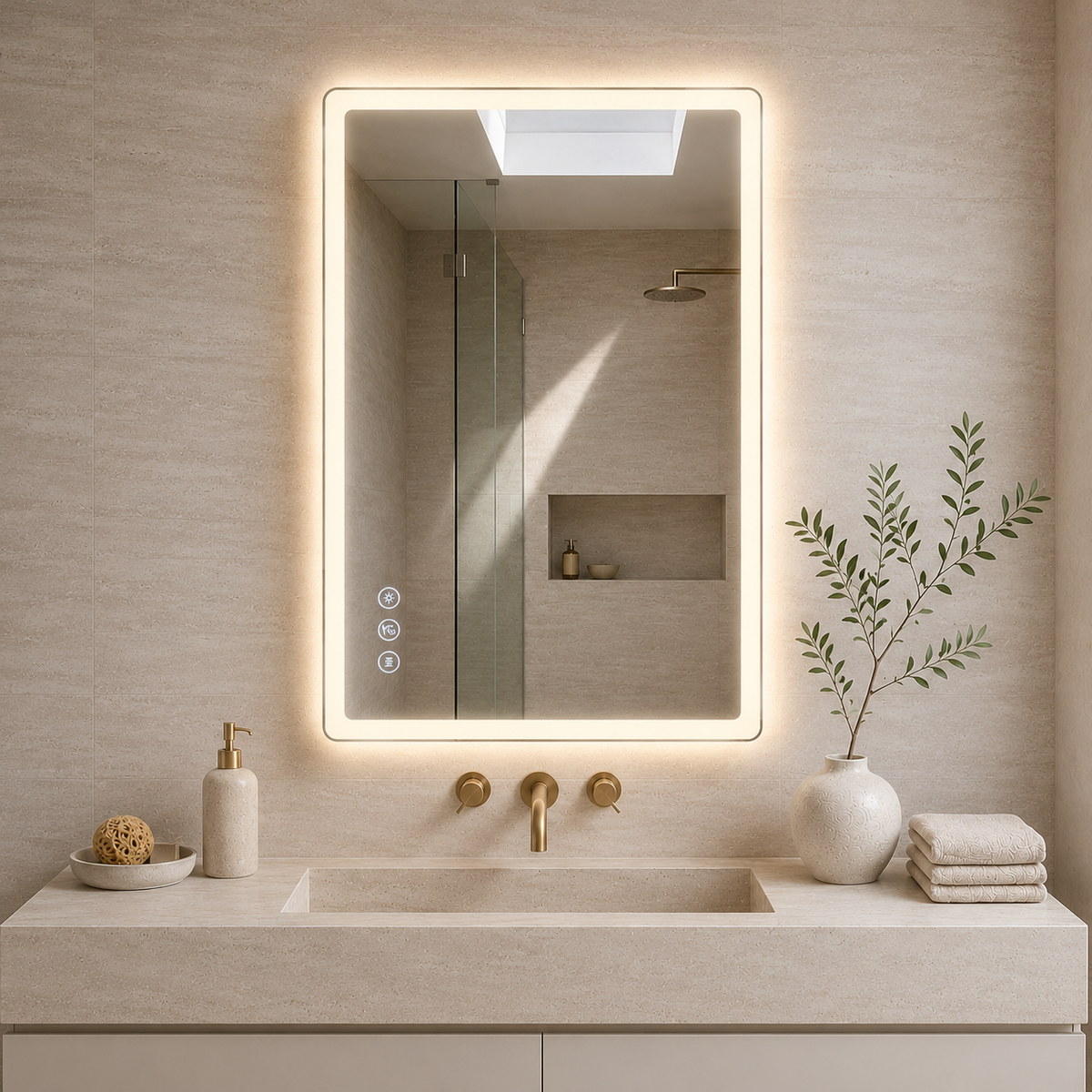 Gloviea Rectangular LED Bathroom Mirror – Mirror Border | Front Glow + Backlit, Anti-Fog & Motion Sensor
