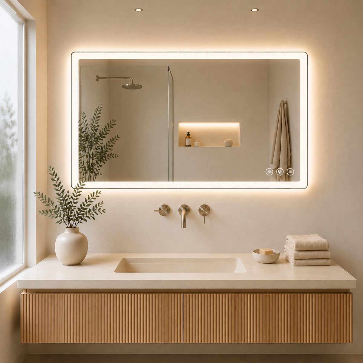 Gloviea Rectangular LED Bathroom Mirror – Mirror Border | Front Glow + Backlit, Anti-Fog & Motion Sensor
