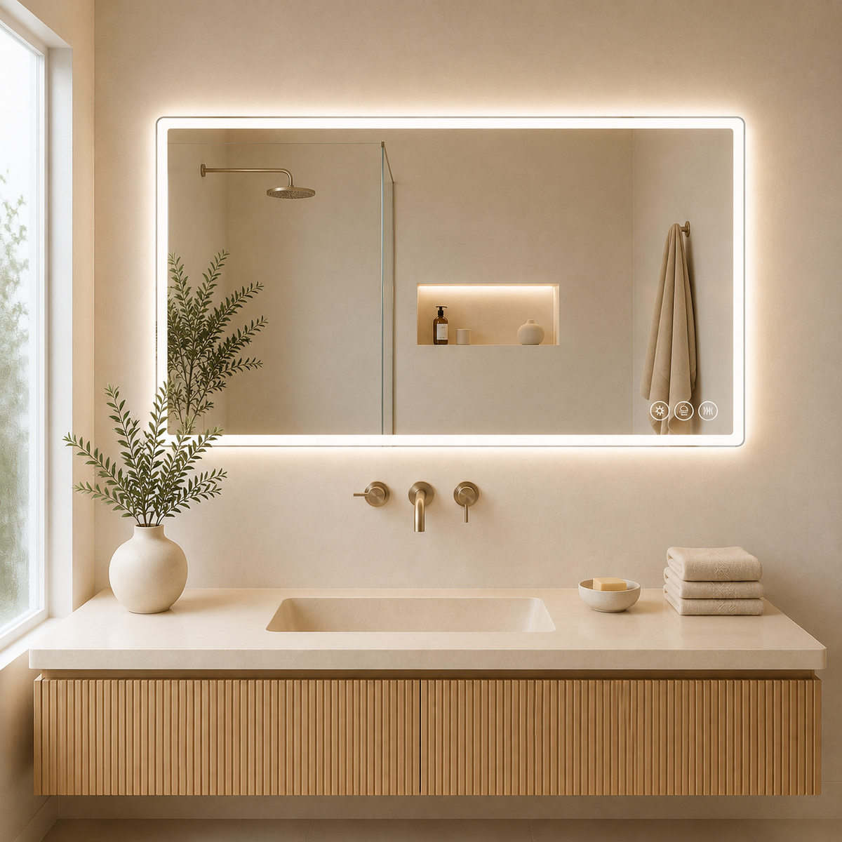 Gloviea Rectangular LED Bathroom Mirror – Mirror Border | Front Glow + Backlit, Anti-Fog & Motion Sensor
