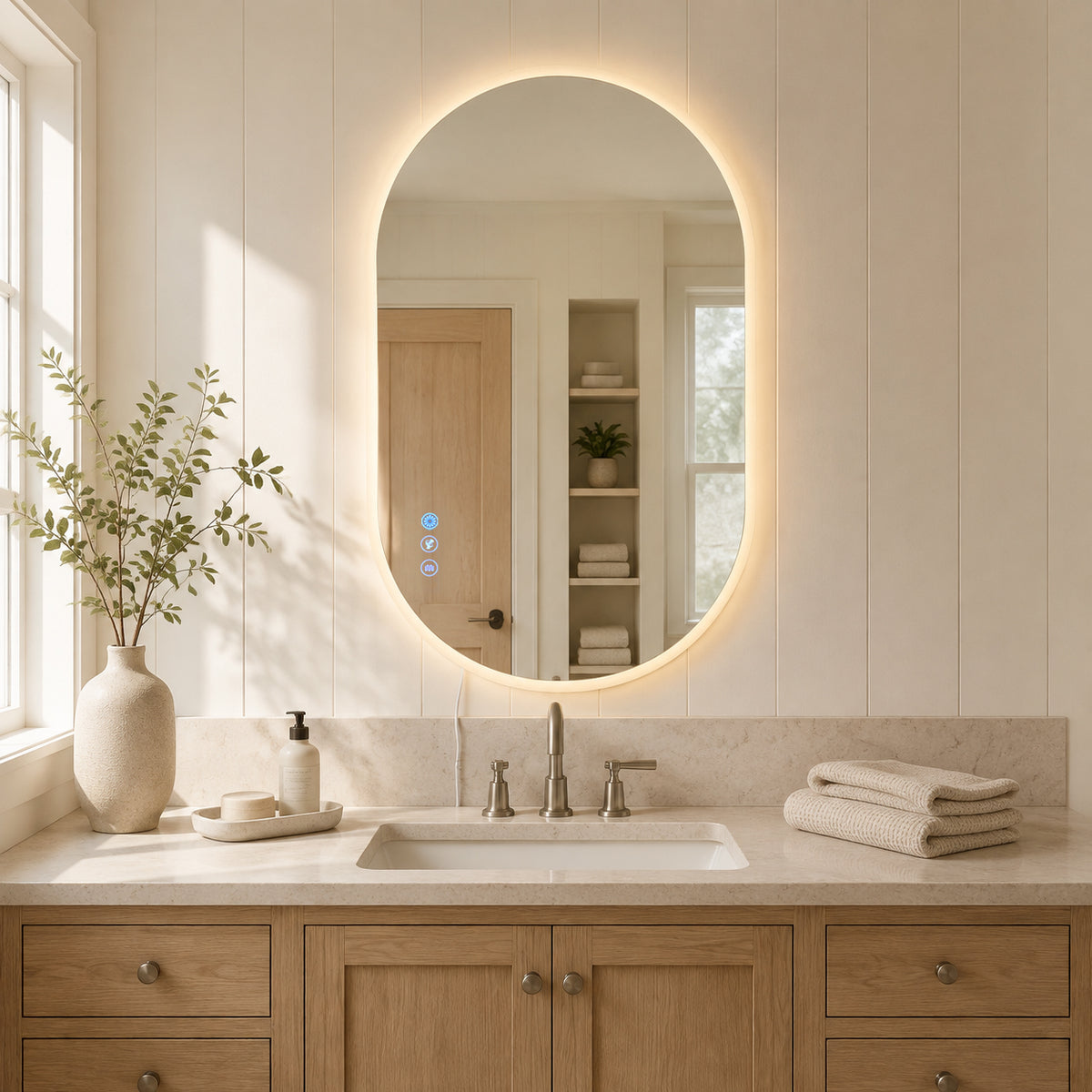 Gloviea Oval LED Bathroom Mirror | Front & Backlit | Polished Edge, Anti-Fog, Motion Sensor