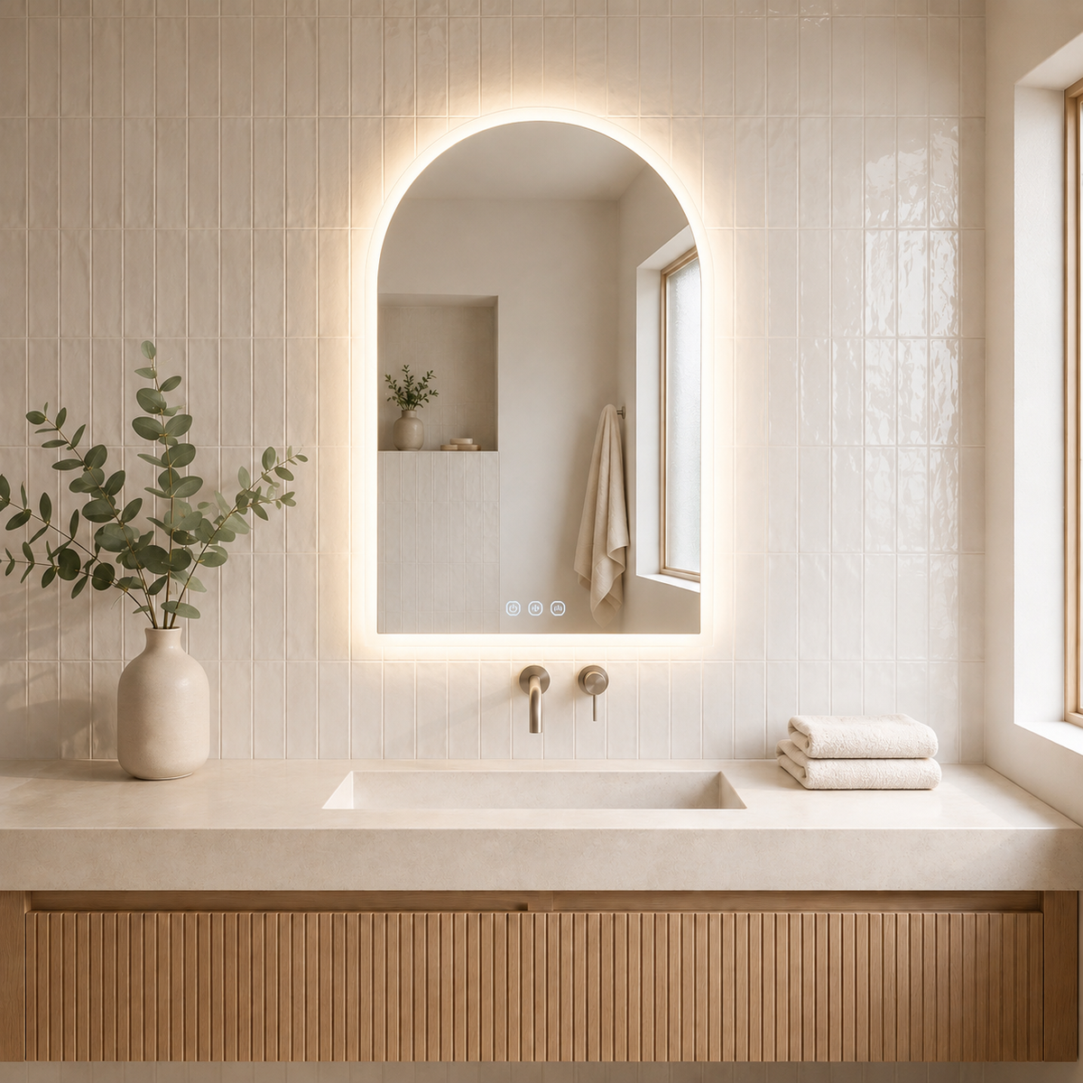 Gloviea Arched LED Bathroom Mirror – Full Frosted Edge | Front Glow + Backlit, Anti-Fog & Motion Sensor