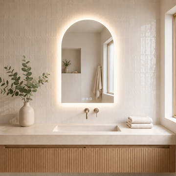 Gloviea Arched LED Bathroom Mirror – Full Frosted Edge | Front Glow + Backlit, Anti-Fog & Motion Sensor
