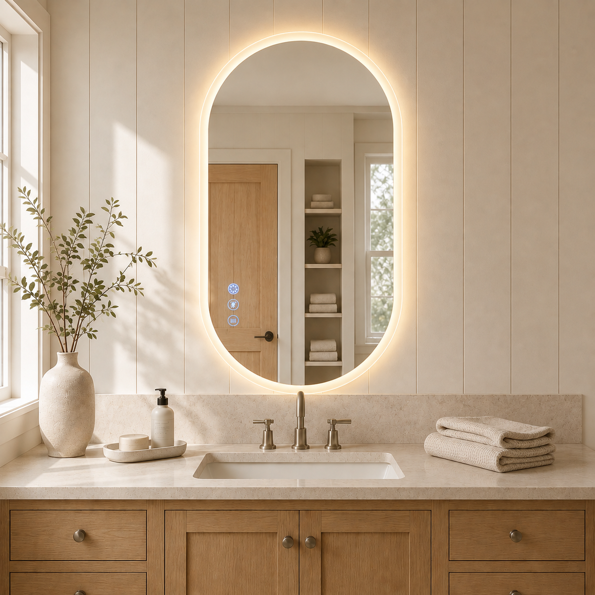 Gloviea Oval LED Bathroom Mirror | Front & Backlit | Polished Edge, Anti-Fog, Motion Sensor