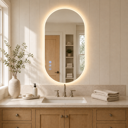 Gloviea Oval LED Bathroom Mirror | Front &amp; Backlit | Full Frosted Edge, Anti-Fog, Motion Sensor