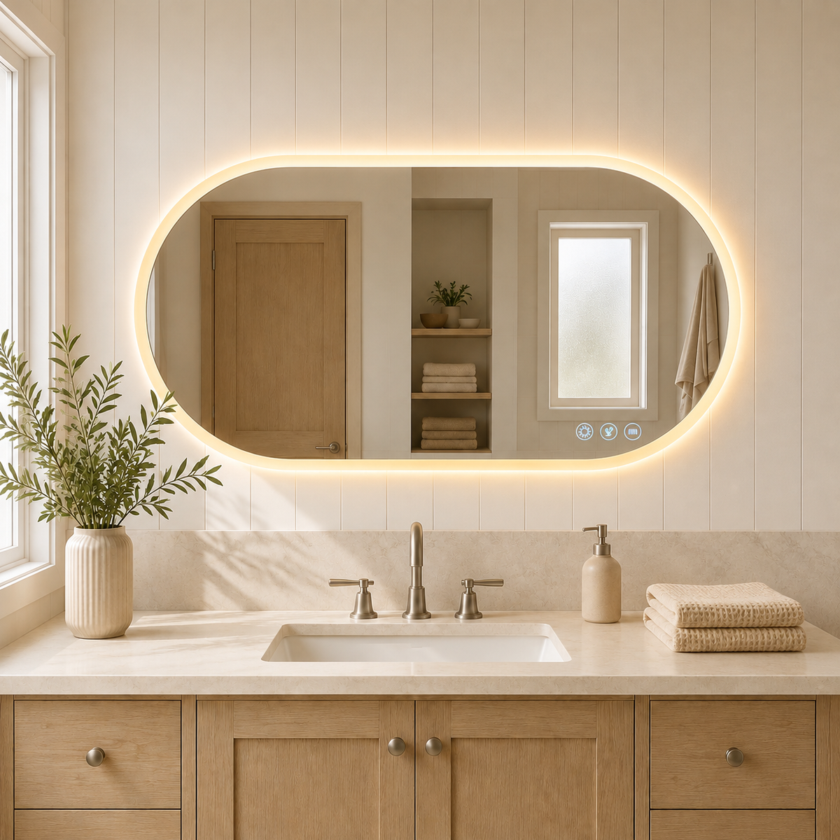 Gloviea Oval LED Bathroom Mirror | Front & Backlit | Polished Edge, Anti-Fog, Motion Sensor