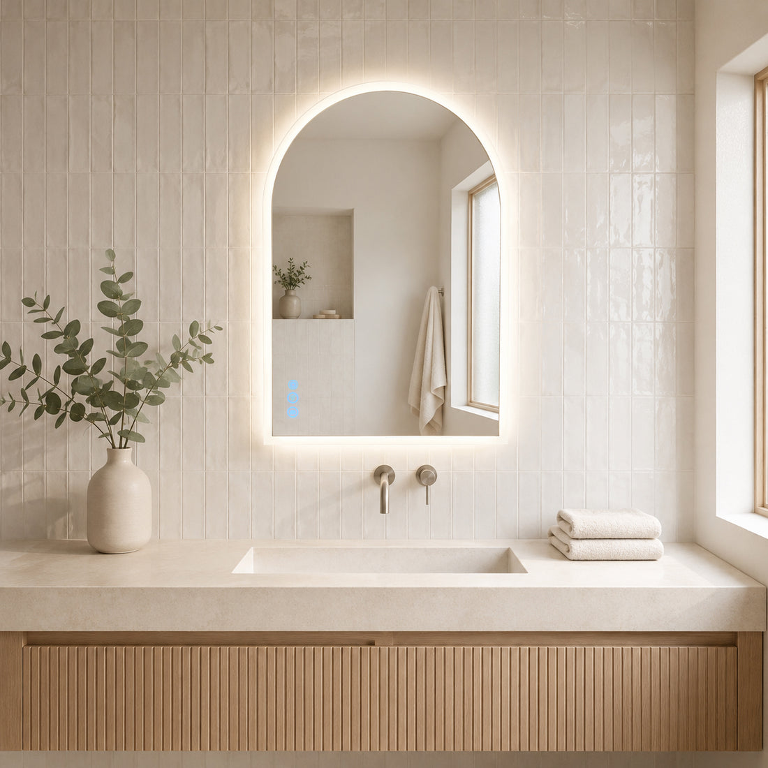 Gloviea Arched LED Bathroom Mirror – Full Frosted Edge | Front Glow + Backlit, Anti-Fog &amp; Motion Sensor