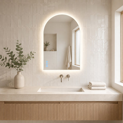 Gloviea Arched LED Bathroom Mirror – Full Frosted Edge | Front Glow + Backlit, Anti-Fog &amp; Motion Sensor