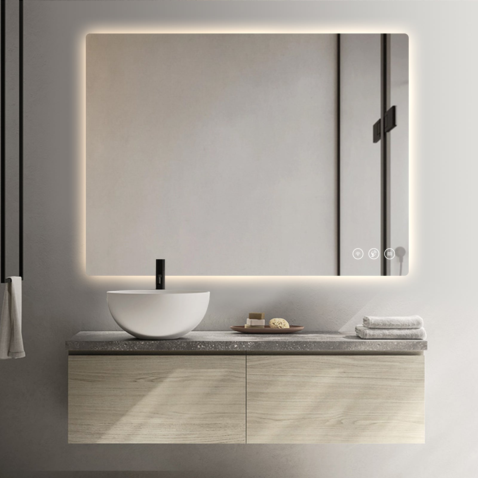 Miroir intelligent rectangulaire à LED Gloviea avec éclairage, intensité et luminosité réglables, capteur de mouvement, anti-buée, fonction mémoire, rétroéclairé