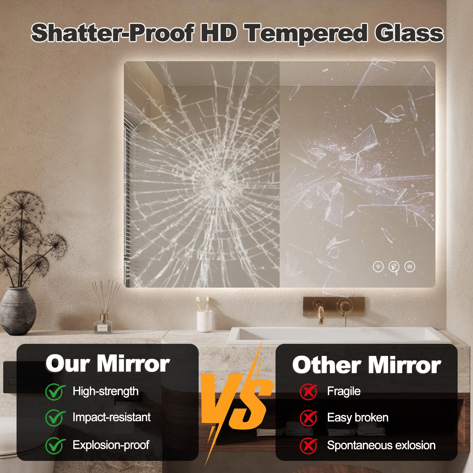 Miroir intelligent rectangulaire à LED Gloviea avec éclairage, intensité et luminosité réglables, capteur de mouvement, anti-buée, fonction mémoire, rétroéclairé