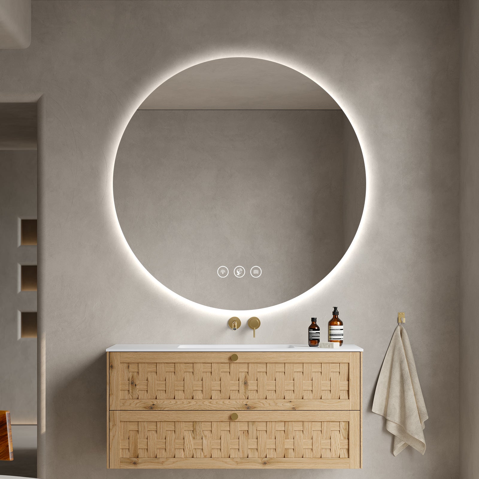 Miroir intelligent rond Gloviea à LED avec lumières, intensité variable et luminosité réglable, capteur de mouvement, anti-buée, fonction mémoire, design rétroéclairé