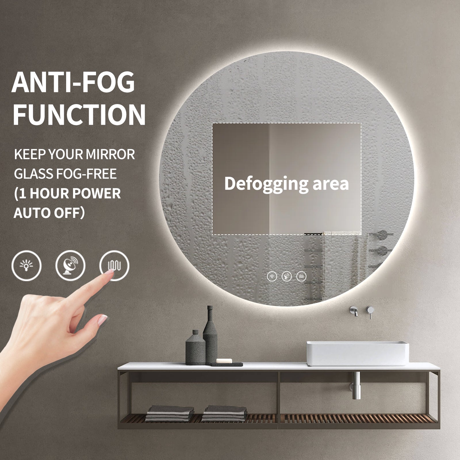 Miroir intelligent rond Gloviea à LED avec lumières, intensité variable et luminosité réglable, capteur de mouvement, anti-buée, fonction mémoire, design rétroéclairé
