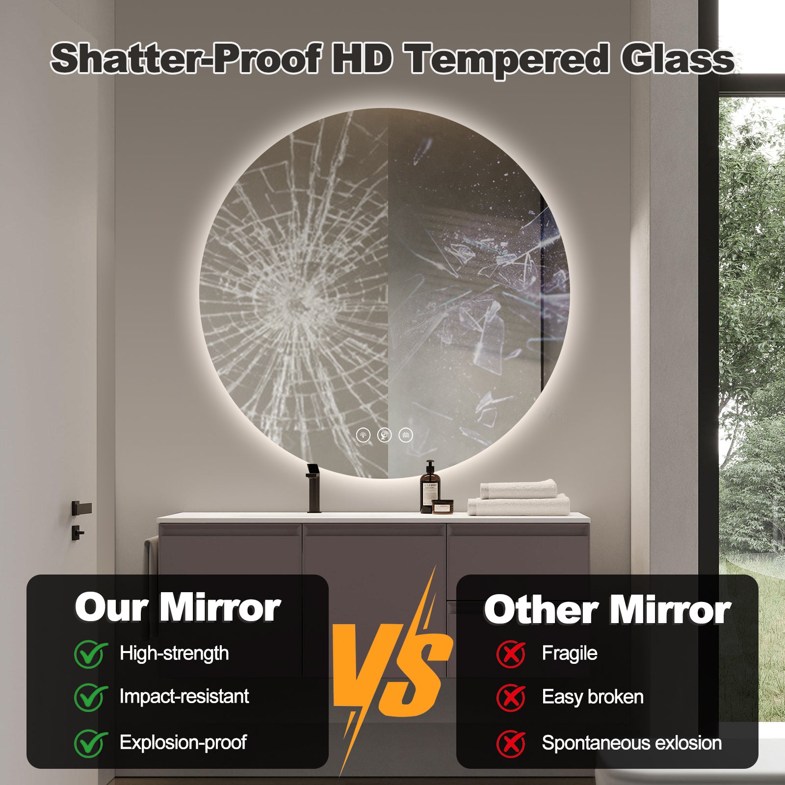 Miroir intelligent rond Gloviea à LED avec lumières, intensité variable et luminosité réglable, capteur de mouvement, anti-buée, fonction mémoire, design rétroéclairé