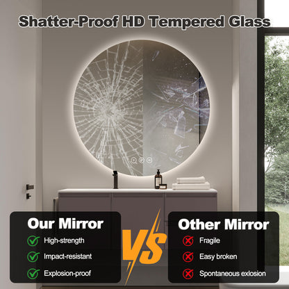 Gloviea Round LED Bathroom Mirror | Backlit, Anti-Fog, Motion Sensor