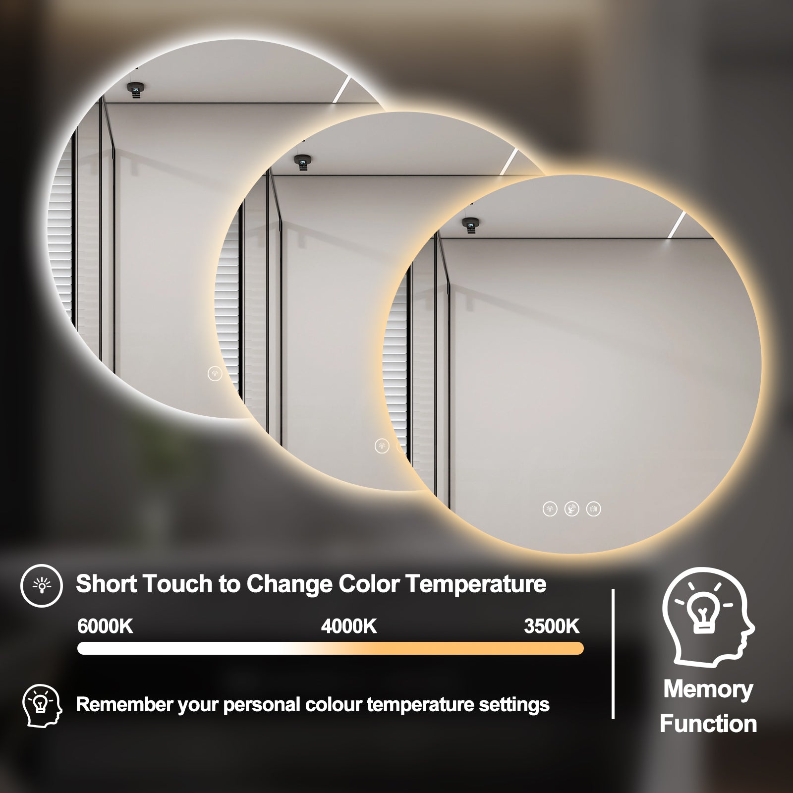 Miroir intelligent rond Gloviea à LED avec lumières, intensité variable et luminosité réglable, capteur de mouvement, anti-buée, fonction mémoire, design rétroéclairé