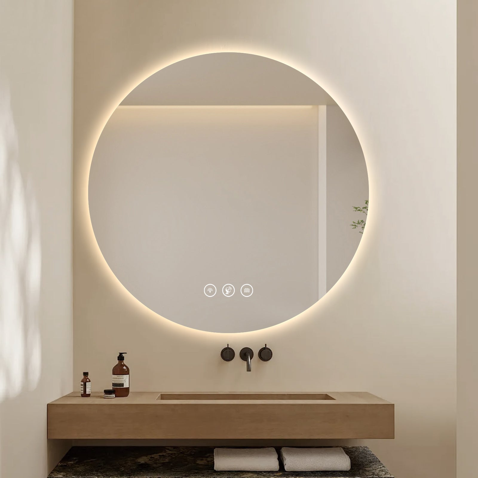 Miroir intelligent rond Gloviea à LED avec lumières, intensité variable et luminosité réglable, capteur de mouvement, anti-buée, fonction mémoire, design rétroéclairé