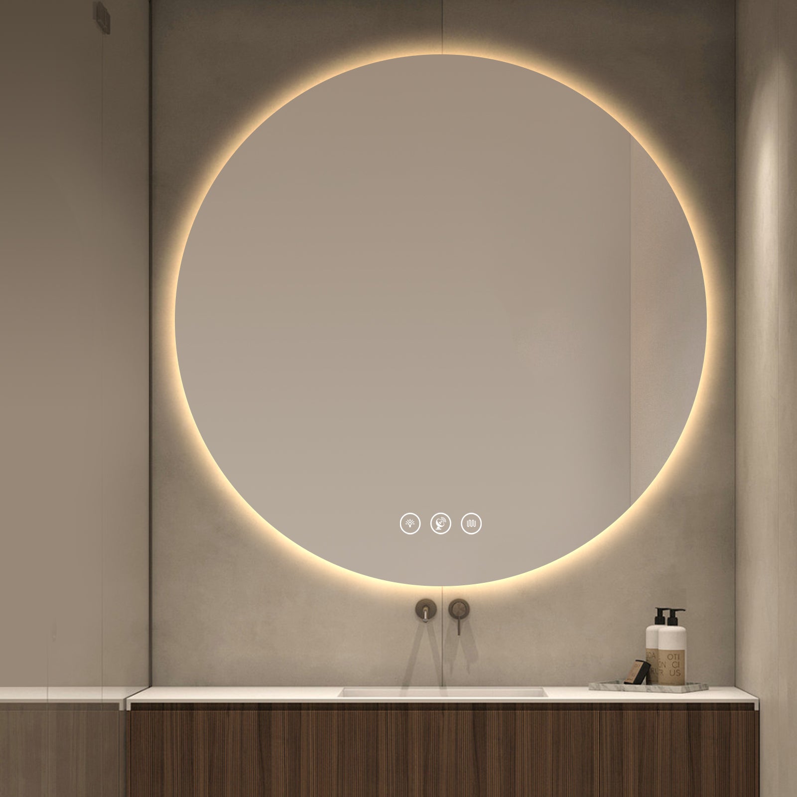 Miroir intelligent rond Gloviea à LED avec lumières, intensité variable et luminosité réglable, capteur de mouvement, anti-buée, fonction mémoire, design rétroéclairé