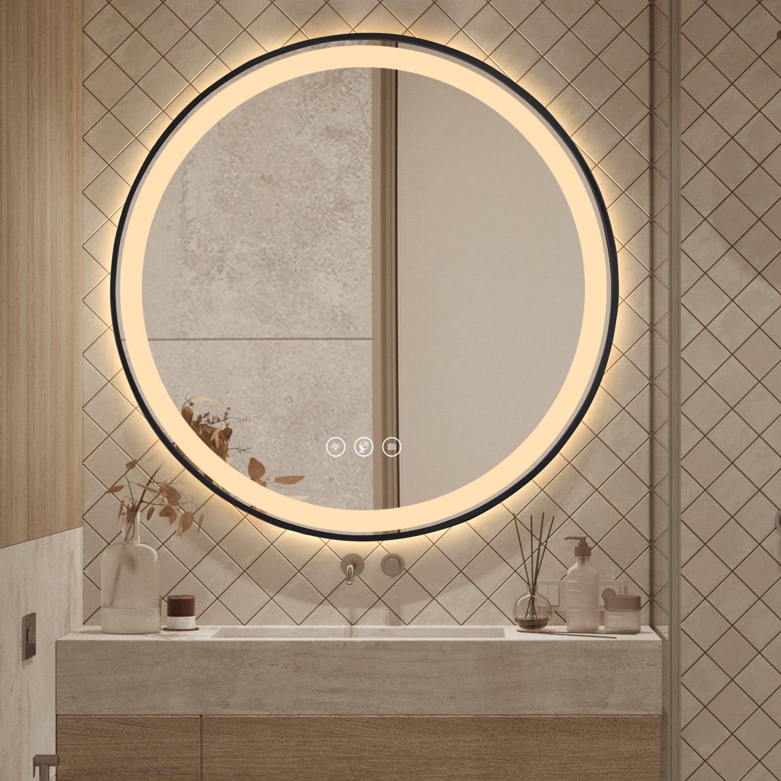 Miroir rond intelligent Gloviea à LED avec cadre noir brossé, éclairage dimmable et luminosité réglable, capteur de mouvement, anti-buée, fonction mémoire, éclairage avant et arrière