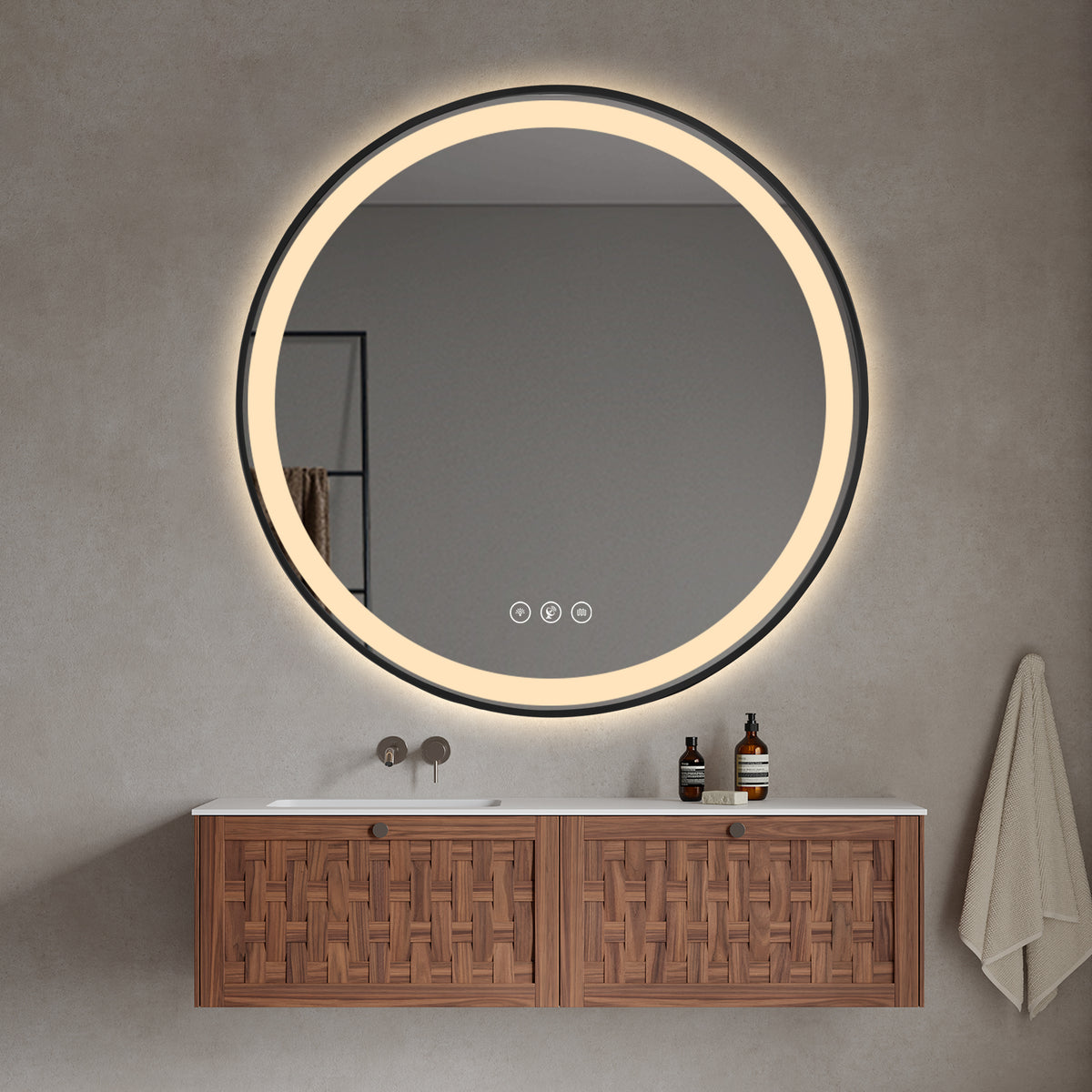 Gloviea Brushed Black Framed Round LED Bathroom Mirror | Front &amp; Backlit, Anti-Fog, Motion Sensor