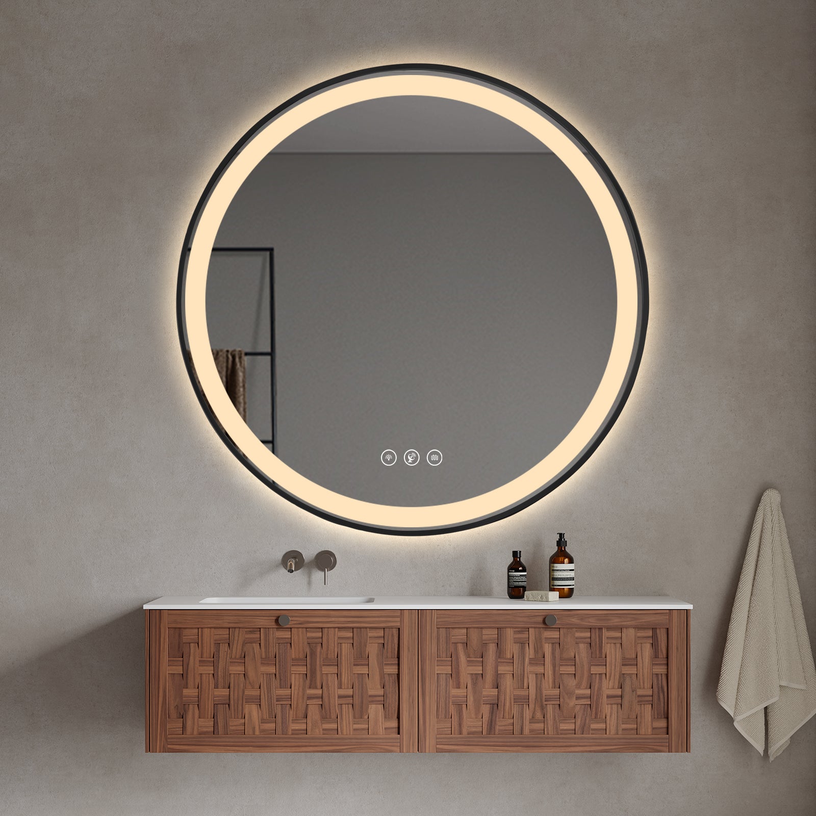 Miroir rond intelligent Gloviea à LED avec cadre noir brossé, éclairage dimmable et luminosité réglable, capteur de mouvement, anti-buée, fonction mémoire, éclairage avant et arrière
