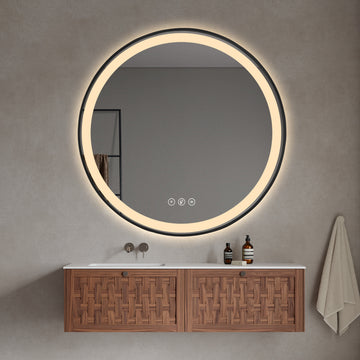Miroir rond intelligent Gloviea à LED avec cadre noir brossé, éclairage dimmable et luminosité réglable, capteur de mouvement, anti-buée, fonction mémoire, éclairage avant et arrière