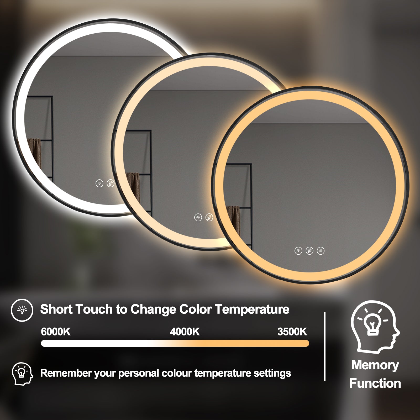 Miroir rond intelligent Gloviea à LED avec cadre noir brossé, éclairage dimmable et luminosité réglable, capteur de mouvement, anti-buée, fonction mémoire, éclairage avant et arrière