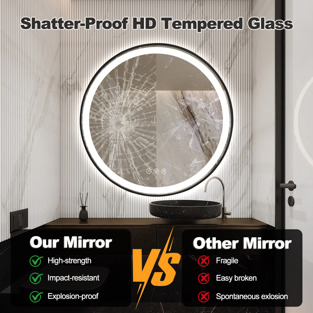 Gloviea Brushed Black Framed Round LED Bathroom Mirror | Front &amp; Backlit, Anti-Fog, Motion Sensor